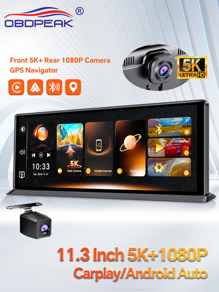 OBDPEAK K8 Pro Voor 5K Achter 1080P Dash Cam Camera 11,3 "Touch Ai Scherm Carplay & Android Auto GPS Navigatie Nachtzicht DVR - afbeelding 2