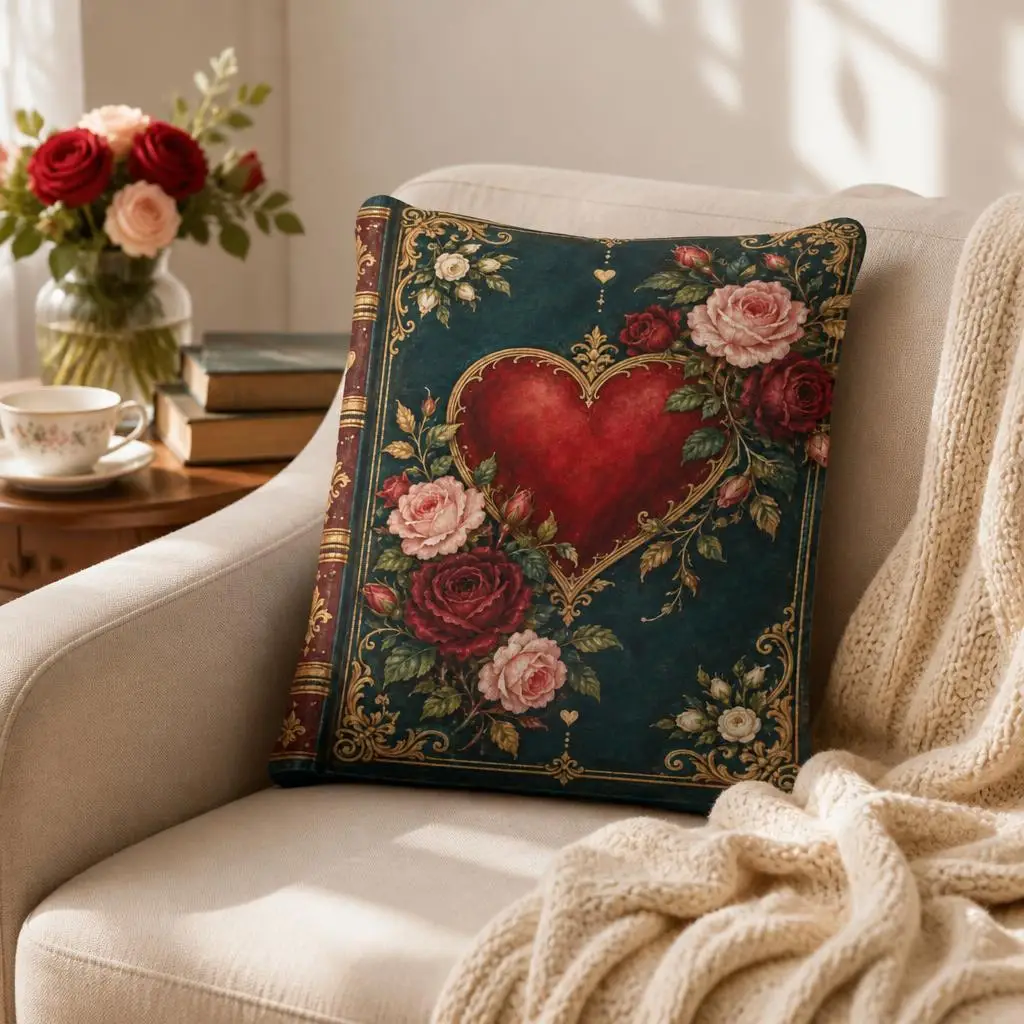 Vintage Gothic Romance Book Heart Pillow with Roses Floral Love Cushion Romantic Valentine Throw Pillow Sofa Decor Gift Idea