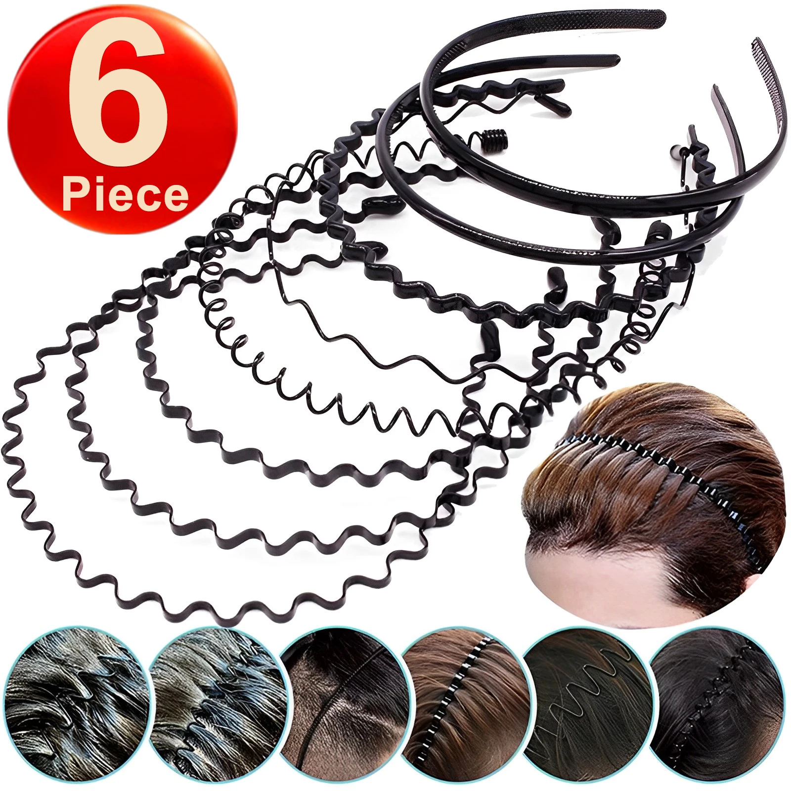 6Pcs Black Metal Wavy Headband Men Women Hair Band Head Hoops Bands Sport Headbands Headwear Hairband Bangs Hair Accessories