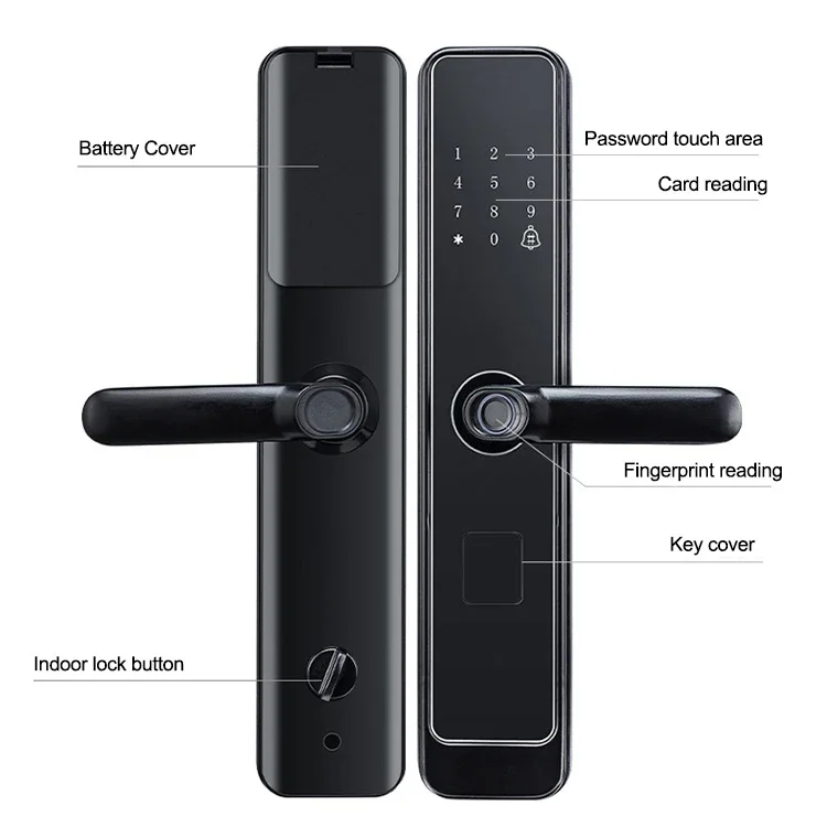 Secure electronic password, fingerprint, T-lock, digital handle, remote control, keyless door lock, steel brass door, intelligen