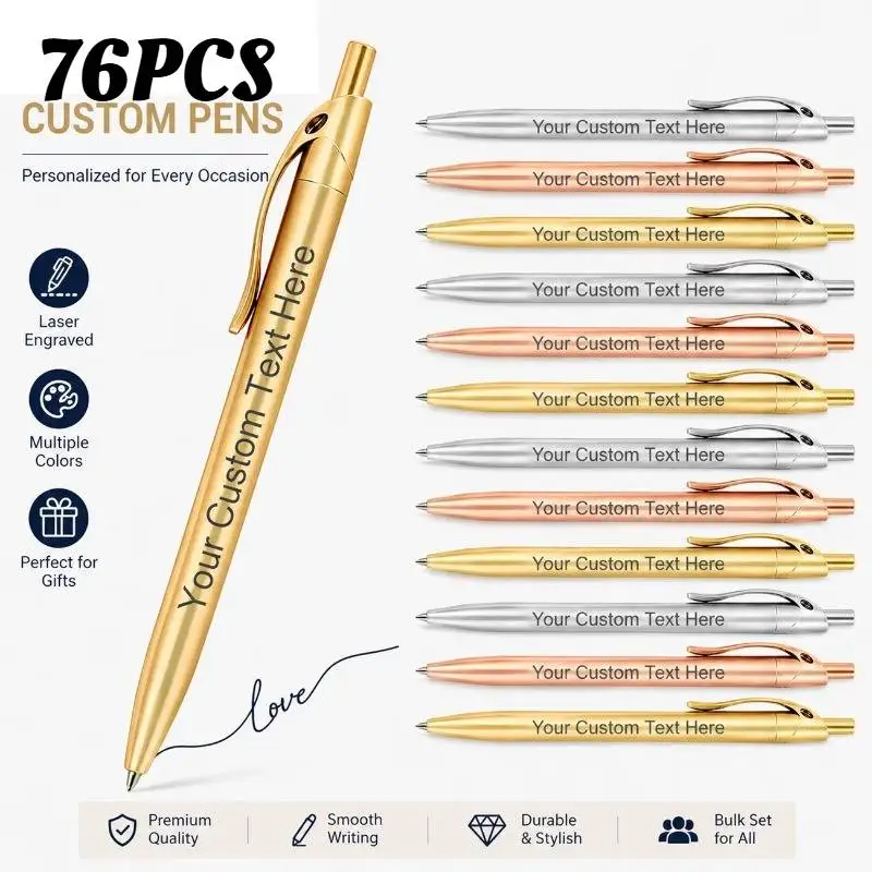76Pcs Custom Bulk Personalized Pens with Custom Name Text Metal Ballpoint Smooth Writing Promotional Business Office School Gift
