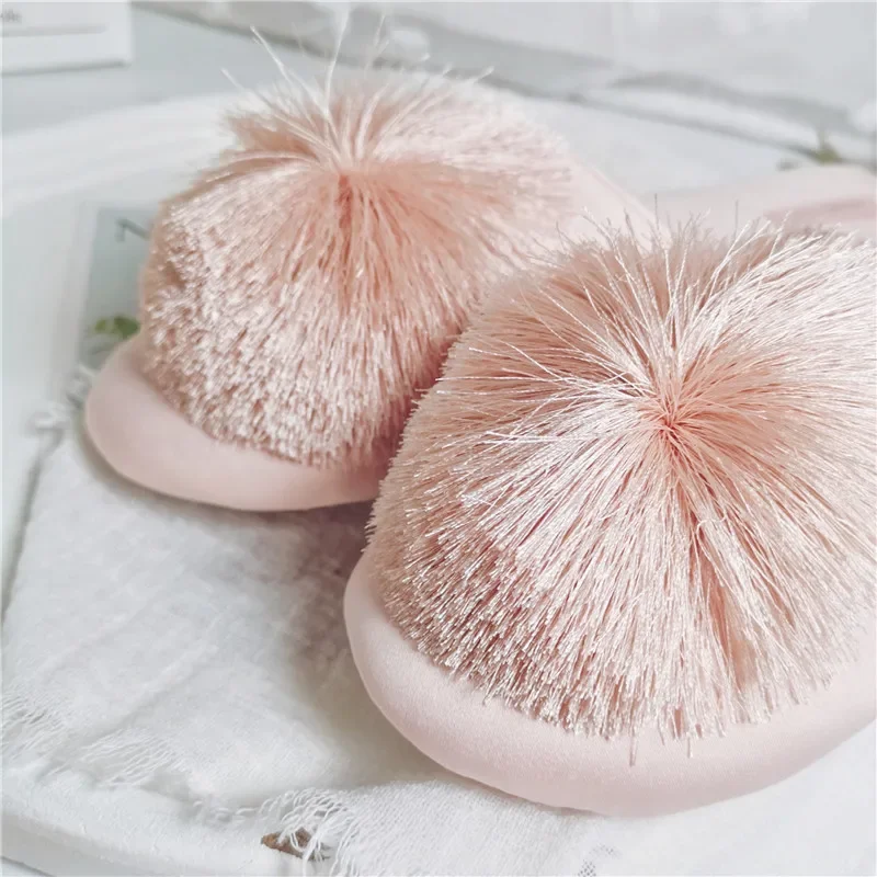 High Quality Elegant Silk Fringe Ball Pink Comfortable Home Slippers Breathable Indoor Mute Non-slip House Shoes Women Slides