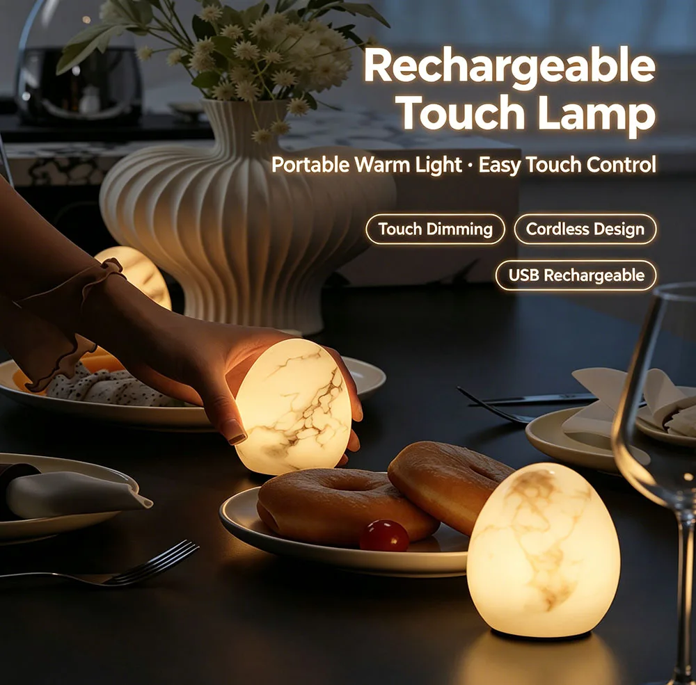 Natural Marble Touch Table Lamp USB Rechargeable Bedside Night Light For Restaurant Home Decor