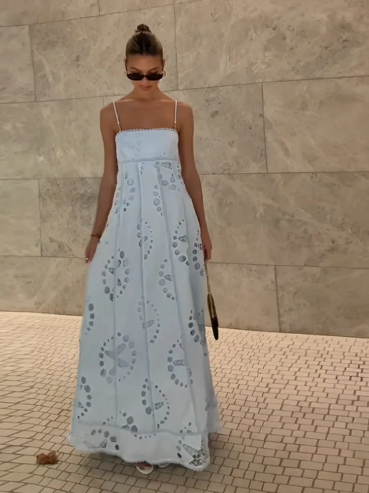 

Casual Solid Female Sling Dress Backless Off Shoulder Loose Hollow Out Ruffle Patchwork Lace Up Maxi Gown 2025 Summer Beach Robe