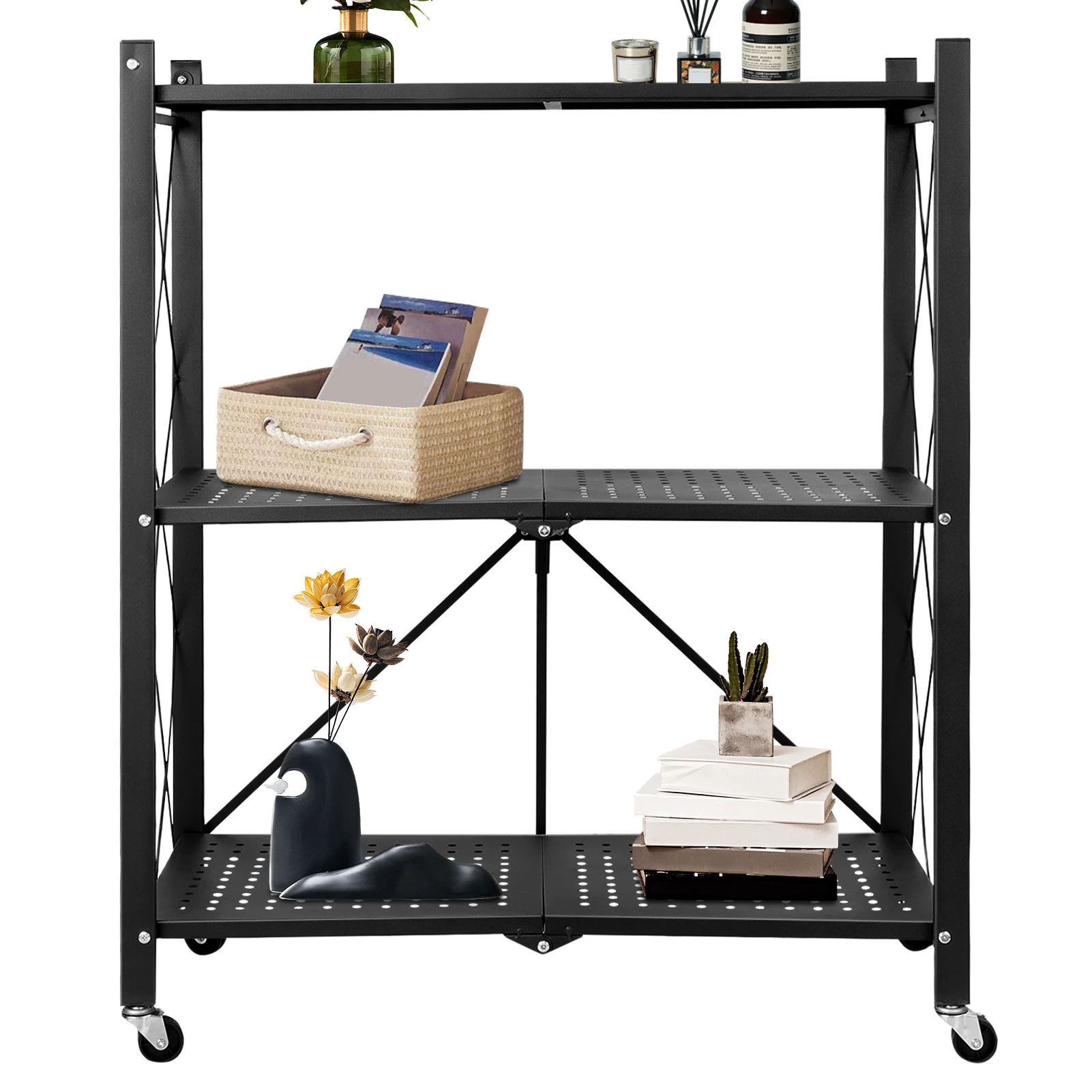 Folding Metal Storage Rack com Rodas, Estante de Livros, Sem Montagem Prateleiras, Cozinha, Lavanderia, Garagem, 3 Camadas