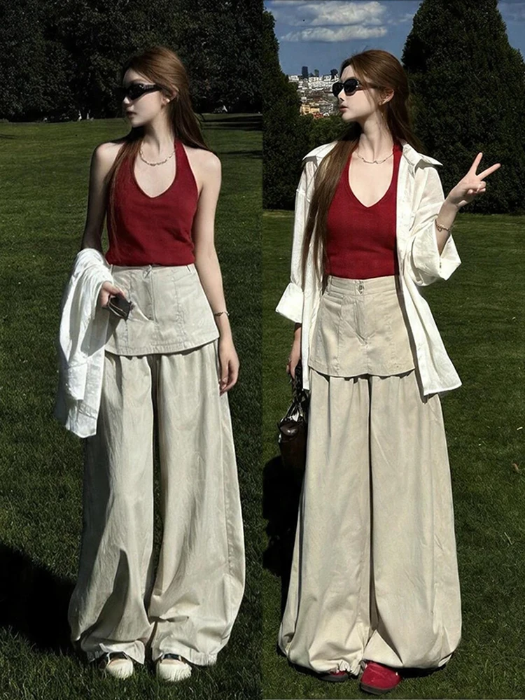 

Summer Fashion Korean Style Sun Protection Shirt Vest Casual Pants Set High Waist Loose Fit Long Sleeve Collar Three Pie...