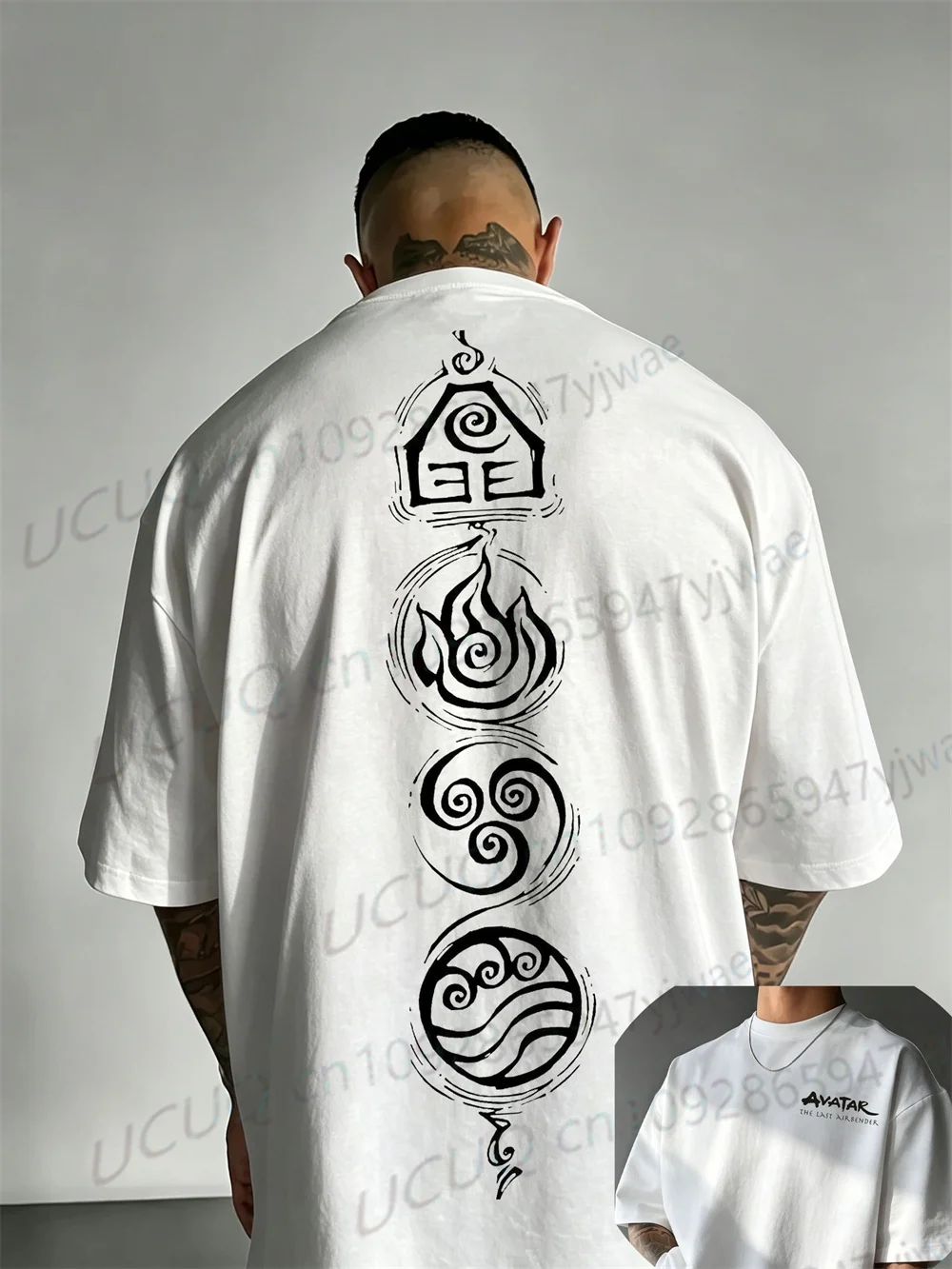 Luft Wasser Erde Feuer Vier-Elemente-Symbol Grafik-T-Shirt Airbender Film-T-Shirt 2-seitiges Streetwear Sommer-T-Shirt für Männer und Frauen – Detail 6