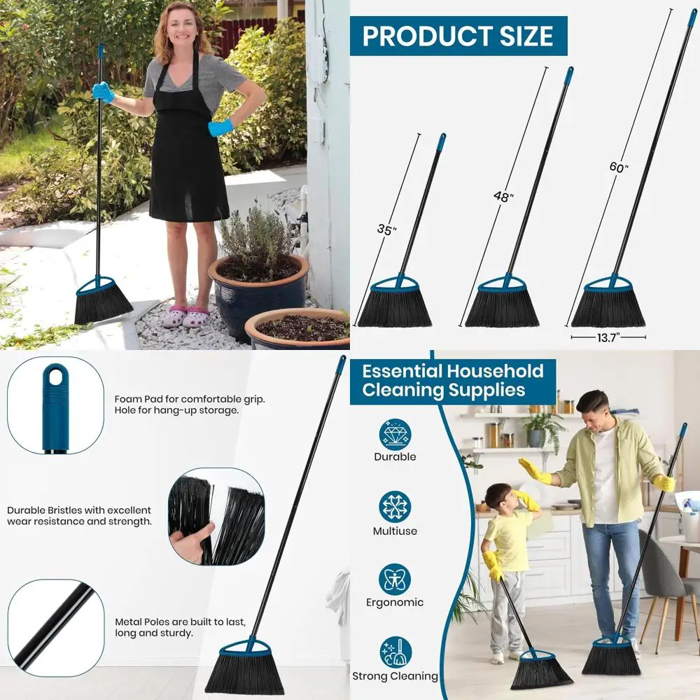 

60 Long Handle Stiff Bristle Outdoor/Indoor Broom - Heavy Duty Sweeping for Floors, Patios, and Garages