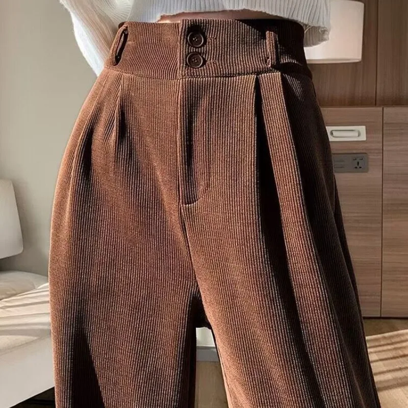 Pantalones de pierna ancha de pana holgados para mujer, pantalones de viaje casuales, cintura alta elástica, empalme, bolsillos de moda, Otoño e