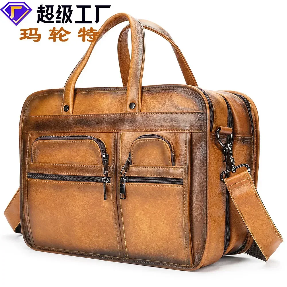 high-quality Genuine leather men's hooded layer cowhide men's briefcase business bag handbag shoulder crossbody bag official bag