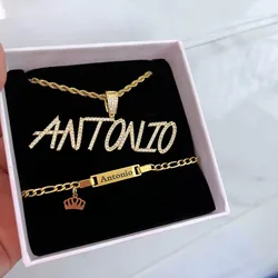 DUOYING  Custom Script Name Set Personalized Capital A-Z Pendant Rope Chain Necklace Baby ID Crown Name Bracelet Boy Jewelry