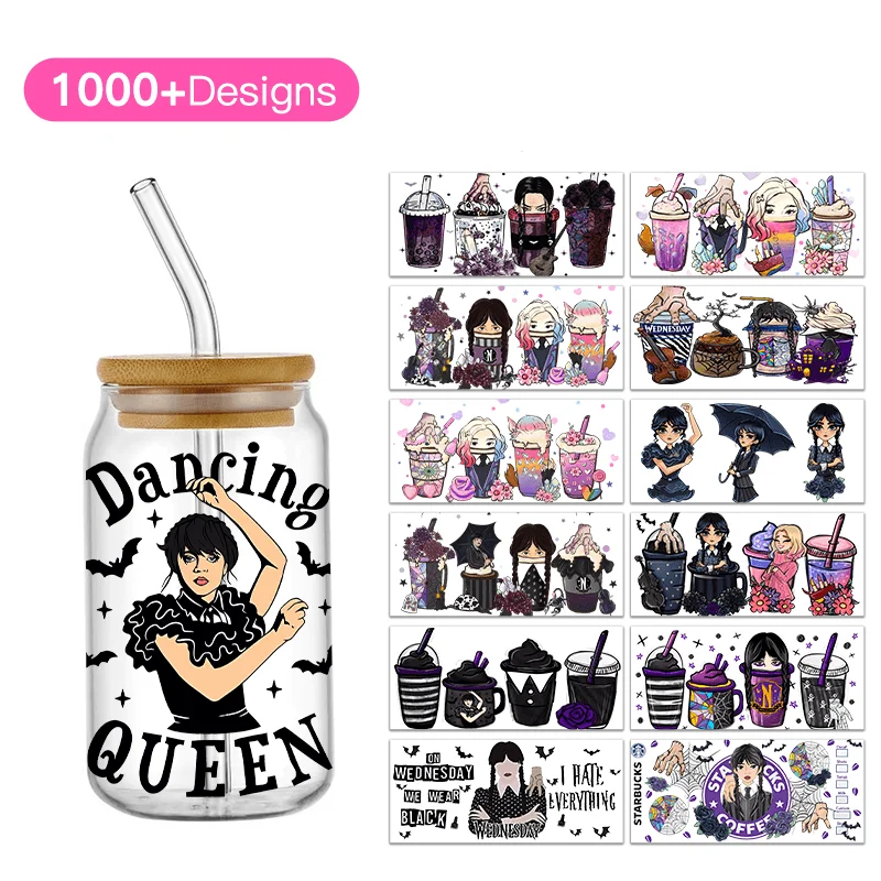 Wednesday Addams UV DTF Cup Sticker UV Libbey Wrap Transfer Sticker Custom Labels DIY Self adhesive Waterproof Dancing Queen
