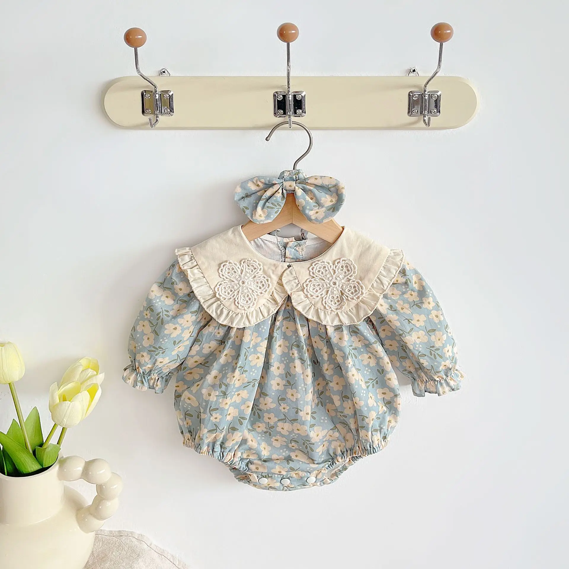 

Baby spring and autumn blue lace collar long-sleeved one-piece crawling suit,girl newborn clothes