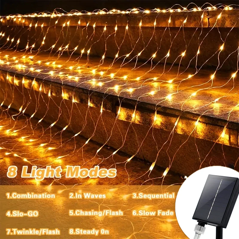 Solar-Netzlichter für den Außenbereich, wasserdichte LED-Lichterketten mit 8 Beleuchtungsmodi für Gärten, Rasenflächen, Partys und Weihnachtsdekorationen – Detail 3