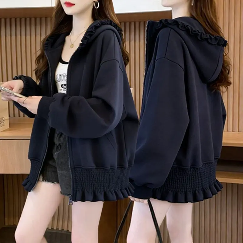 2026 Spring Black Women's New Fashionable Short Style Black Ear Edge Hoodie for Women, Small and Thin, Zipper Loose Hoodie Top