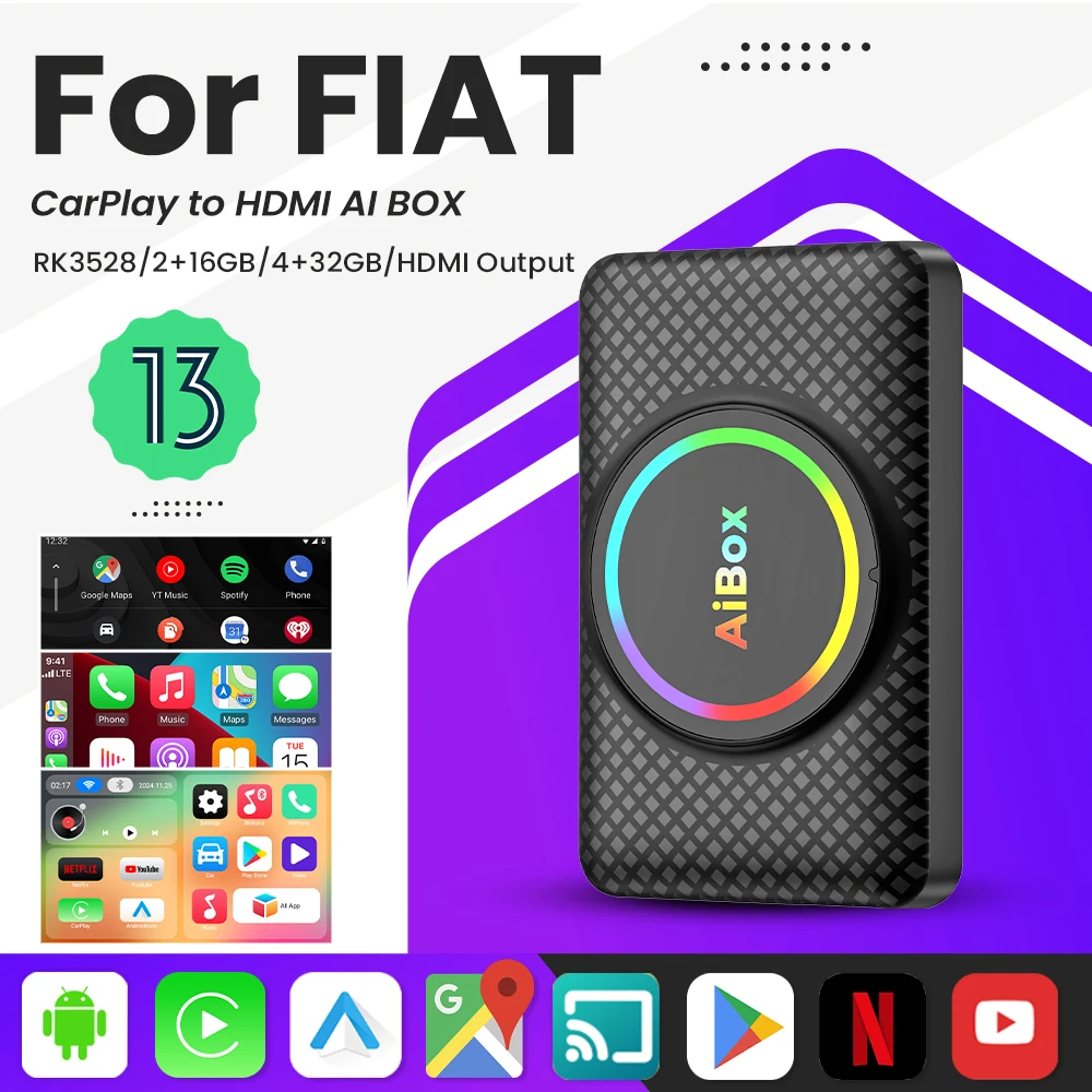 Smart Ai Box Android 13 Wireless Android Auto CarPlay HDMI For Youtube Nexflit TV Box For Fiat 500 500L Tipo 500X Argo Panda