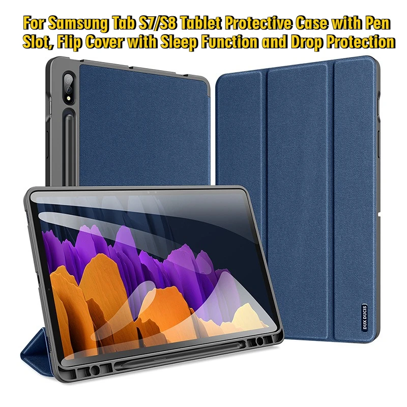 

Защитный чехол для планшета Samsung Tab S7/S8 с гнездом для ручки, откидная крышка с функцией сна и защитой от падения