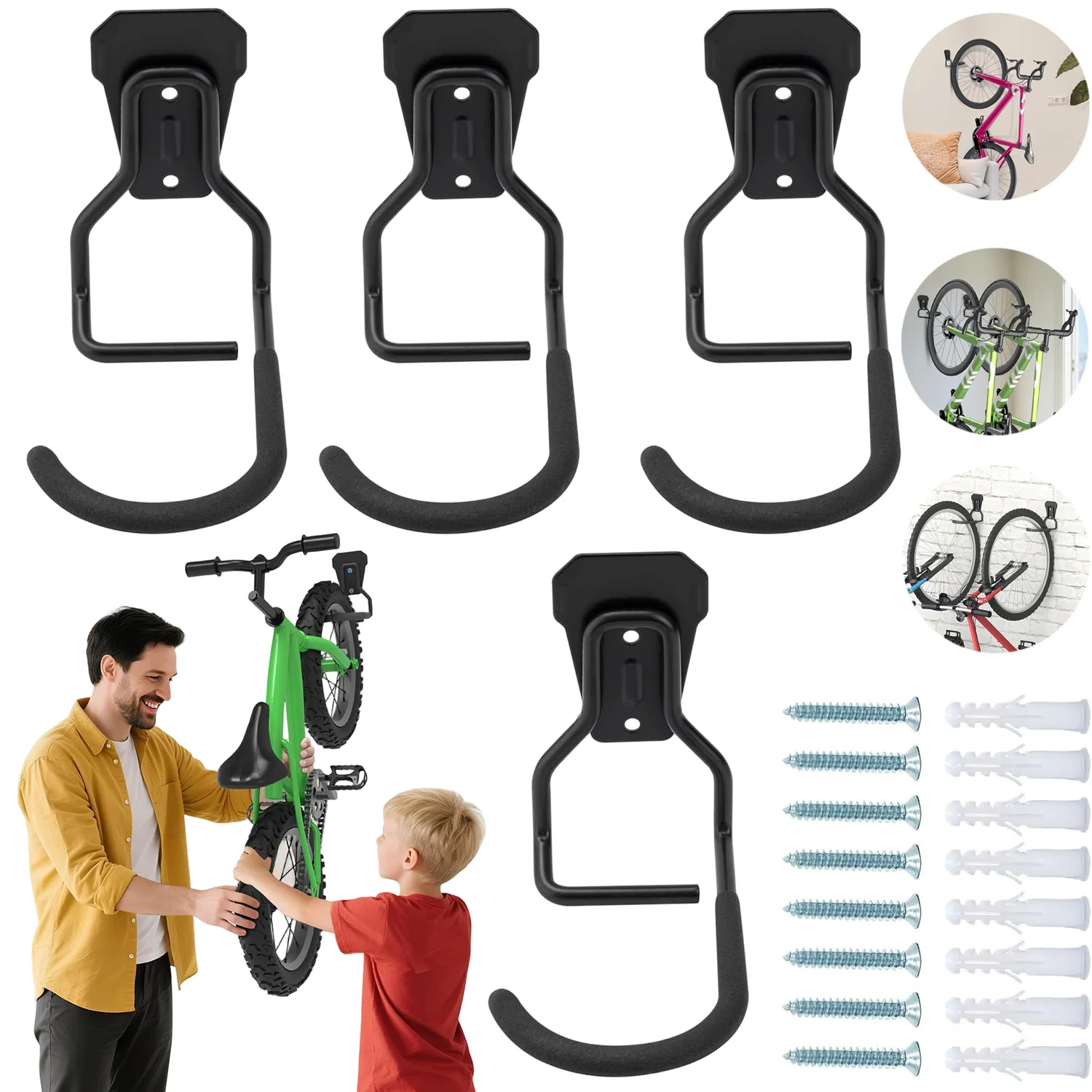 Soporte de pared para bicicleta con gancho fijo, estante de almacenamiento de alta resistencia, soporte vertical para garaje, fácil de colgar/desmontar, 4 Uds.