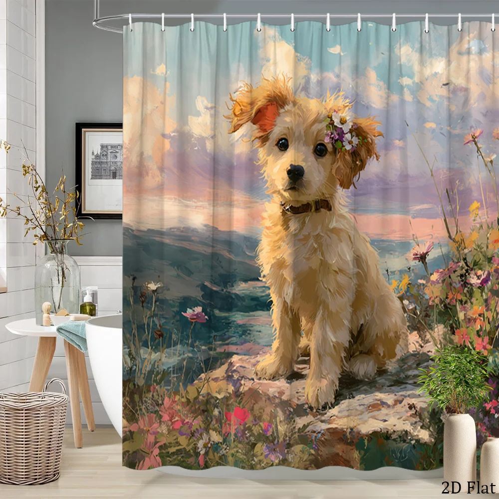 

Charming Watercolor Dog Puppy Floral Nature Shower Curtain Pet Art Cottagecore Bathroom Decor 180x200cm