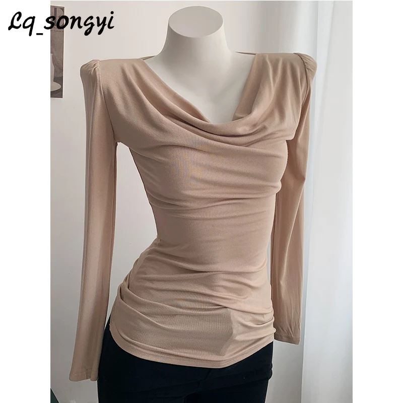 

Lq_songyi Spring Slim T Shirts Women Folds Neckline Solid T Shirt 2024 New Autumn Elegant Long Sleeve Tops