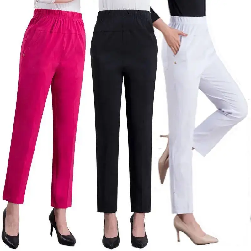 Women Casual Cotton Pants 2023 Spring Summer High Waist Solid Pockets Retro Loose Straight Pants Trousers Bottoms 4XL 5XL