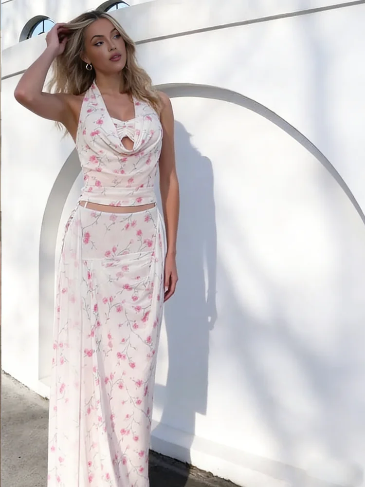 

Комплект из 2 предметов Nibber Sweet Style с цветочным принтом: женский укороченный топ с воротником-халтером и открытой спиной + длинная юбка А-силуэта, элегантный наряд в стиле Y2K