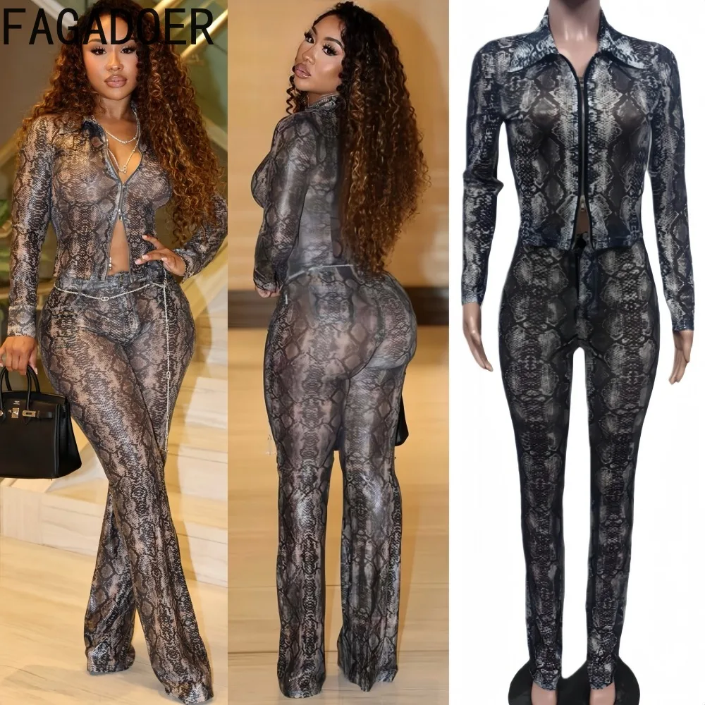 

FAGADOER Sexy Mesh Serpentine Print Woman 2 Piece Set Outfit Long Sleeve Zipper Crop Top + Pants Matching Female Streetwear New