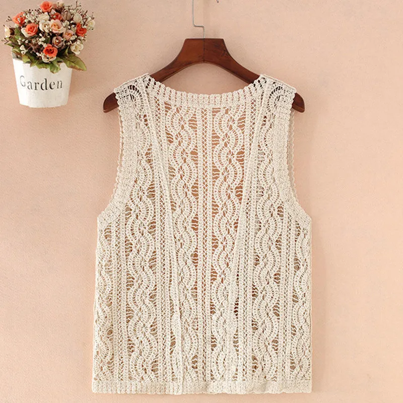 Women Vest Hollow Out Tank Top Solid Color Short Knitted Waistcoat Sleeveless Jacket Lace Crochet Cardigan Sweater Knitwear X131