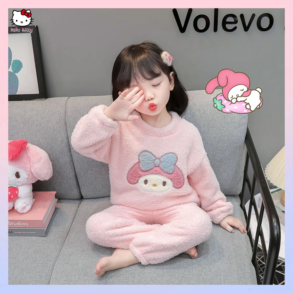 

Anime Sanrioed Kids Flannel Pajamas Pullover Cute Cinnamoroll Kuromi Autumn Winter Cartoon Warm Thickened Pajama Infant Homewear