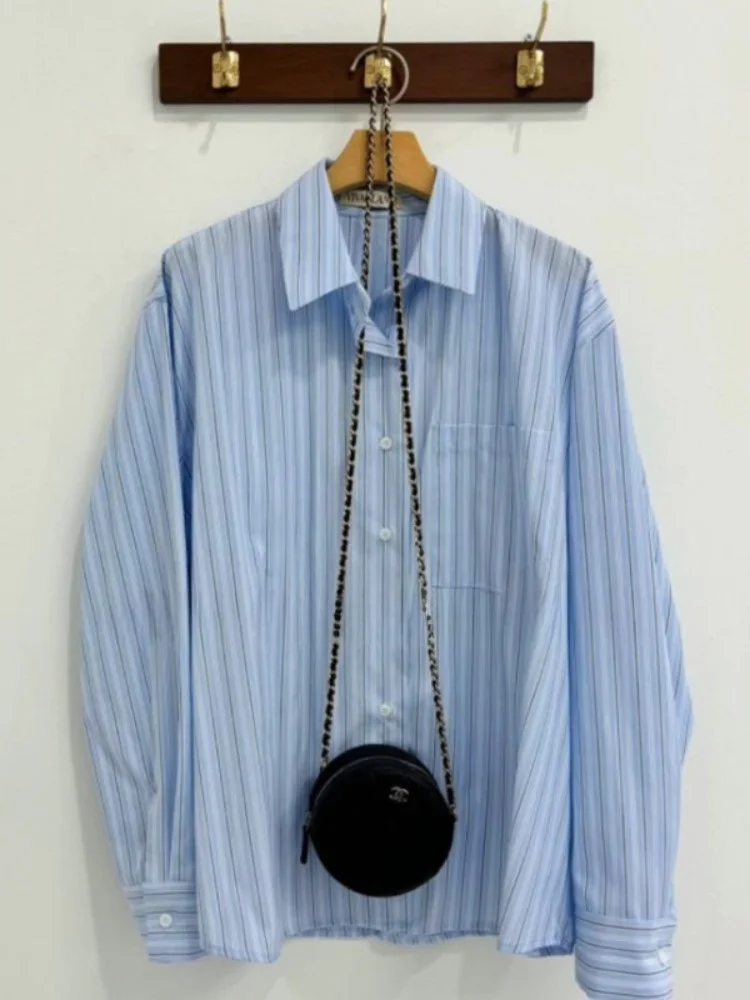 

Dongda Gate Retro Casual Striped Versatile Light Mature Sle Collared Long Sve Women's irt Loose Fit Polyester Fiber