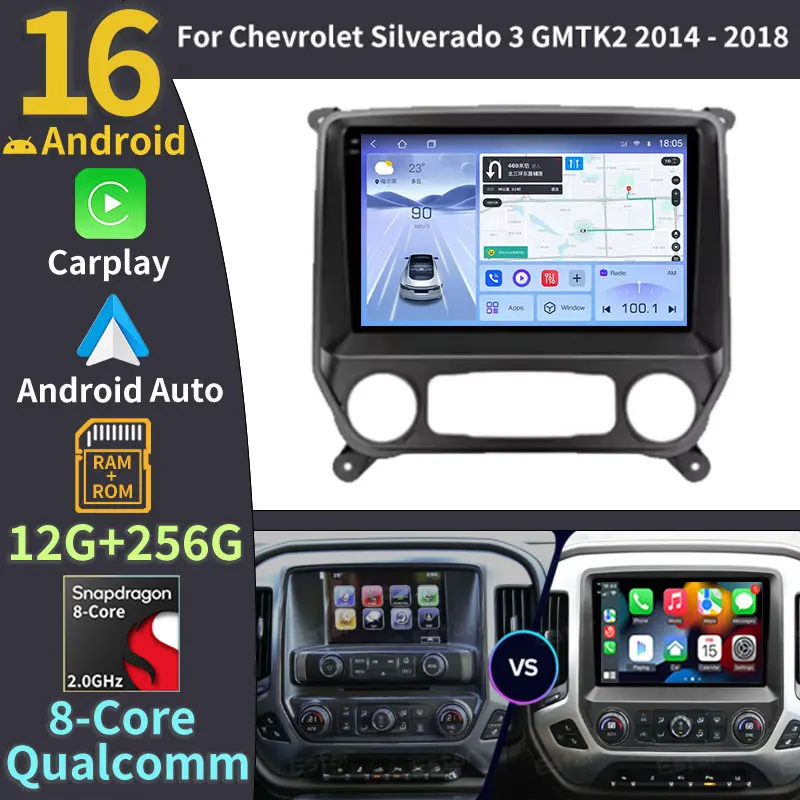 Android 16 Car Radio For Chevrolet Silverado 3 GMTK2 2014 2015 2016 2017 2018 BT 2K QLED GPS 5G WIFI Stereo Wireless Carplay RDS