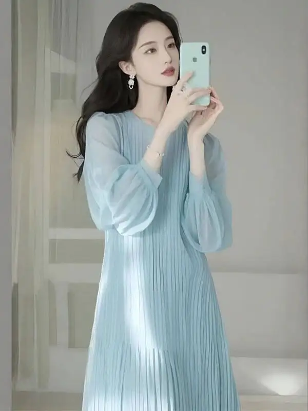 Ele Blue Chiffon Lang Dr Spring 2025, vroege lente Krachtige aanwezigheid Damesachtig Dr Luxury Sensation Geschikte blauwe D...