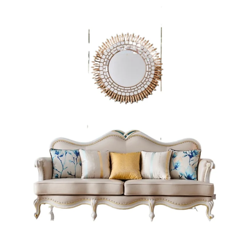 

Light luxury leather sofa, American solid wood cowhide sofa, small apartment with narrow armrests