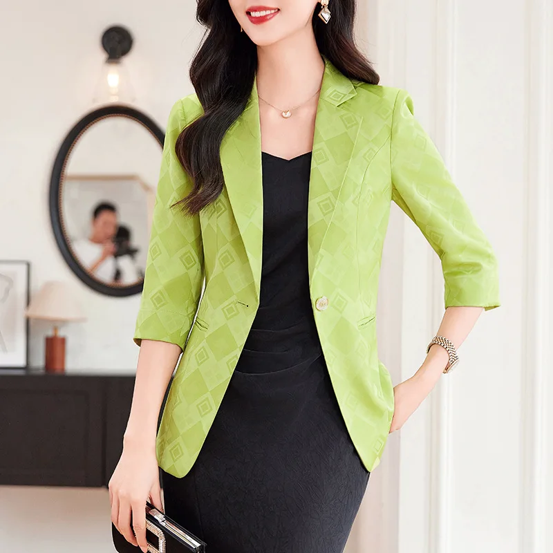 2024Spring and Summer New Green High-End Acetate Satin Jacquard 3/4 Sleeve Suit Coat Female Temperament Slim-Fitting Suit