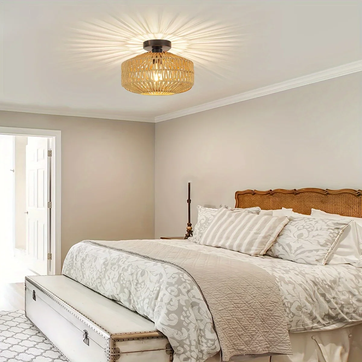 Boho Semi-Flush Mount Ceiling Lamp-Coastal Woven Hemp Rope Cage Retro Rustic Wicker Fixture for Bedroom Hallway Entryway Kitchen