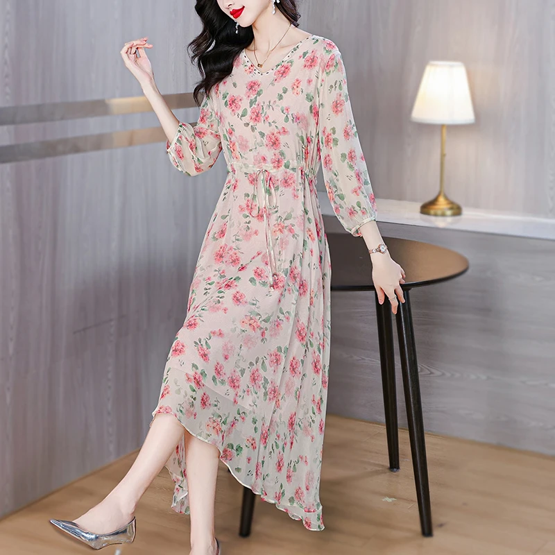 Summer New Women's 3/4 Sleeve Printed Silk Dress Large Loose Drawstring Over Knee Dress Casual Elegant Vacation Dress Vestidos