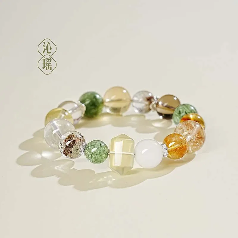 Chinese Style Good Luck Fortune Attracting Natural Multi Treasure Crystal Bracelet For Women Green Rutilated Quartz Citrine Bead