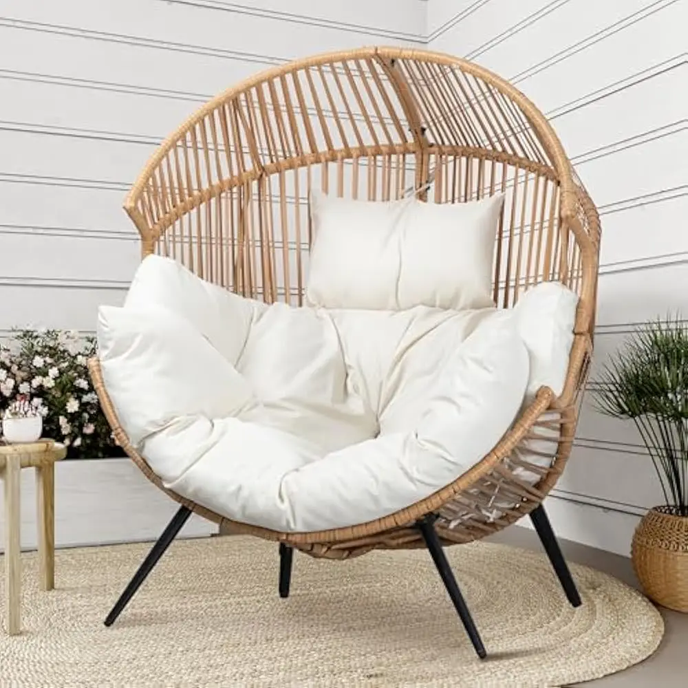

350 LBS Capacity Hanging Egg Chair w/Stand&Cushion Headrest, Wicker Rattan Dual Chains Egg Chair, for Patio, Porch, Bedroom