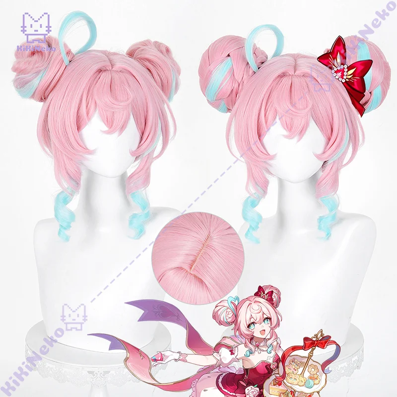 Game Honkai Star Rail Hyacine Cosplay Wig Short Pink Light Blue Hair Bun Scalp Top For Halloween Comicon Party Adult Women Men