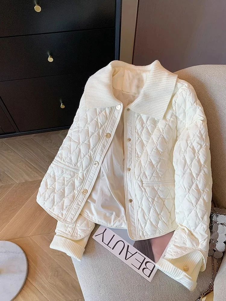 

Korean Sle ort Quilted Cotton Jaet Women's Casual Thiened Autumn Winter Coat Diamond Pattern Stand Collar Insert Cotton