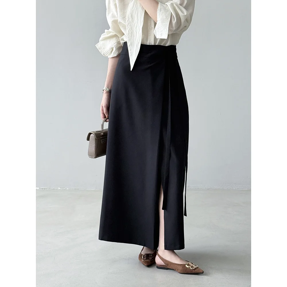 Demi-jupe de costume à nouer à la taille latérale pour femmes, sens du Design d'automne, jupe longue trapèze fendue à la taille haute