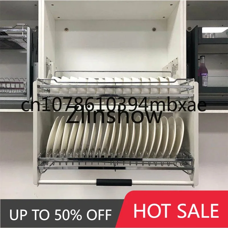 Stainless steel dishes storage double-layer pull-down hanging cabinet damping lift kitchen pull-out basket