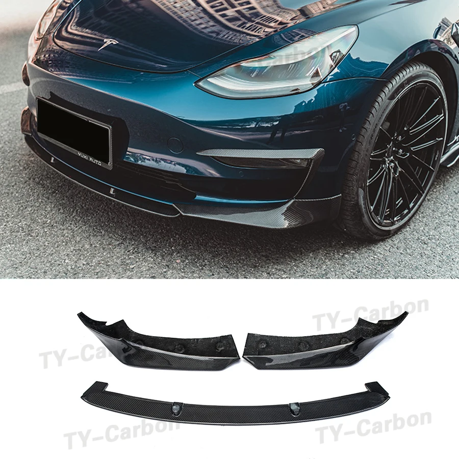 CMS Style Carbon Fiber FRP Car Front Bumper Lip Spoiler Splitters for Tesla Model 3 2017 - 2020 Body Kits Chin Portector