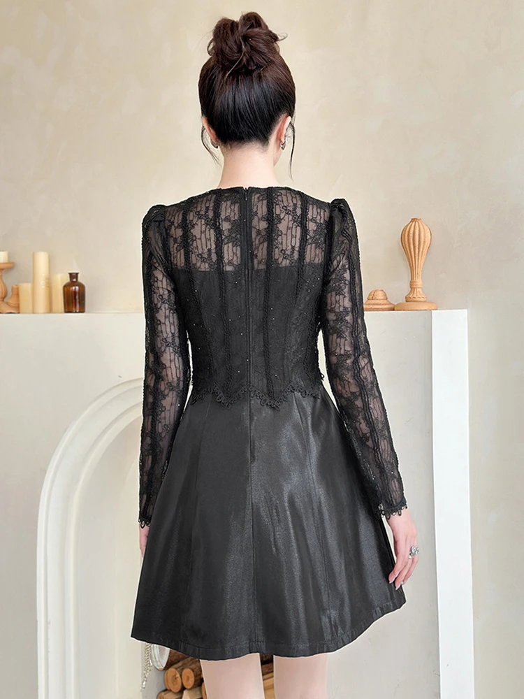 ชุดเดรสลูกไม้สีดำสไตล์ฝรั่งเศส ดีไซน์หรูหรา สำหรับงานปาร์ตี้ ประดับด้วยคริสตัลวิบวับ กระเป๋าเก๋ๆ ทรงสวิง สั้น  สำหรับผู้หญิง  งานเลี้ยงวันเกิด