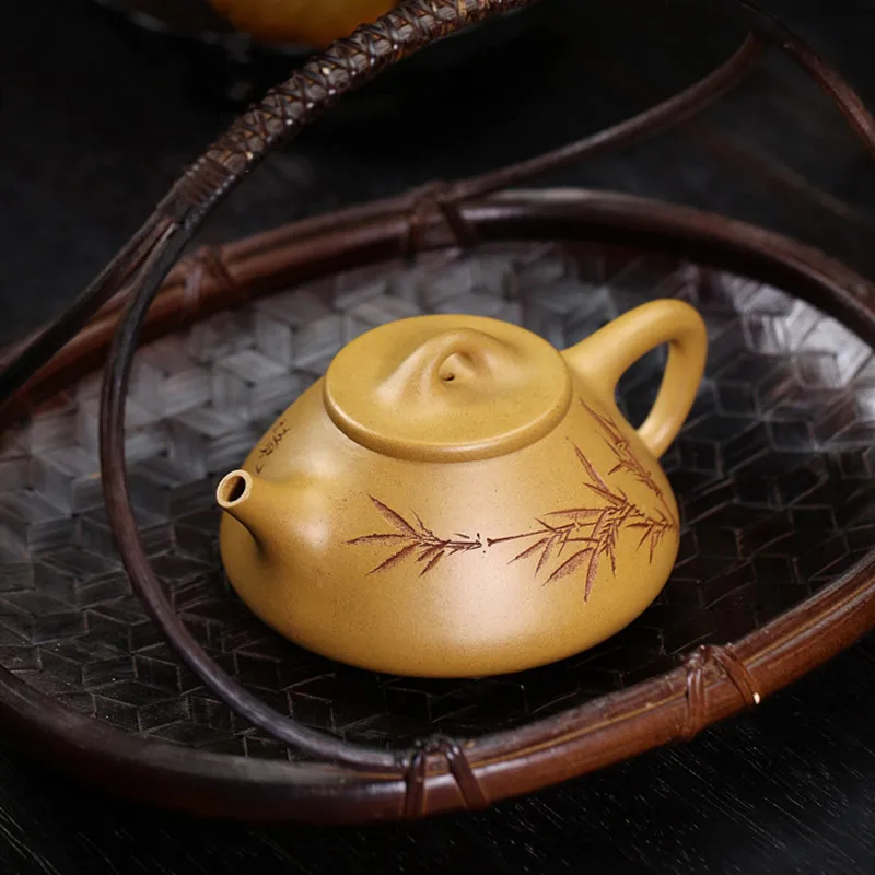 260ml Chinese Yixing Purple Clay Stone Scoop Teapot Handmade Bamboo Leaf Zisha Tea Pot Raw Ore Gold Section Mud Kettle Tea Set