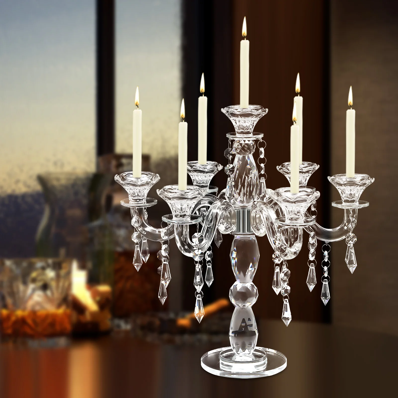 

Crystal Candle Holder, 7 Arm Modern Clear Candle Holder Centerpiece, Crystal Tapered Candlestick, Wedding Centerpiece, 14 Inch