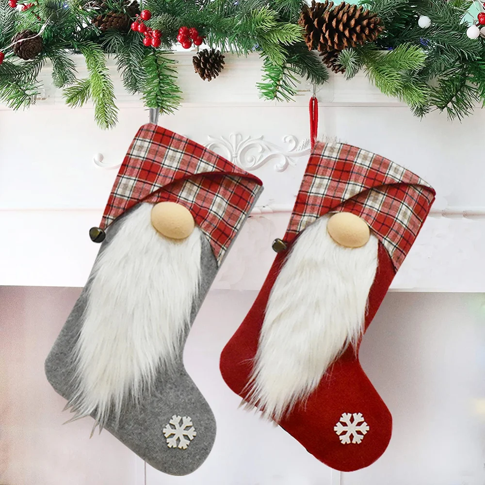 

Faceless Elf Christmas Stockings Red Plaid Santa Gift Bag Festival Family Hangings Room Decoration Props Christmas Supplies