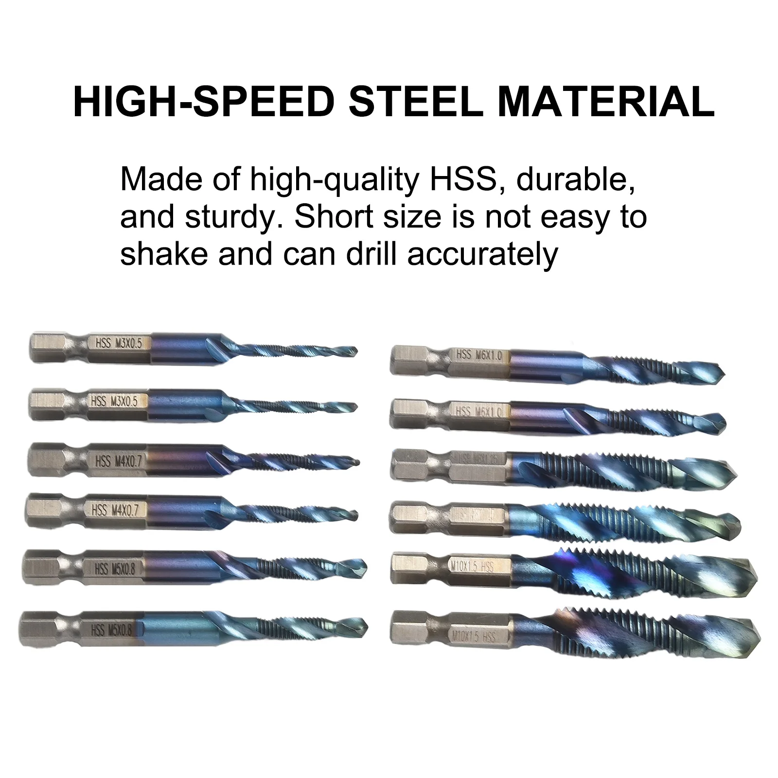 12PC HSS Drill Bit Set with Hex Shank for M3 M5 M6 M8 M10 Metric Threads Designed for 1/4 Inch Chuck Power Tools