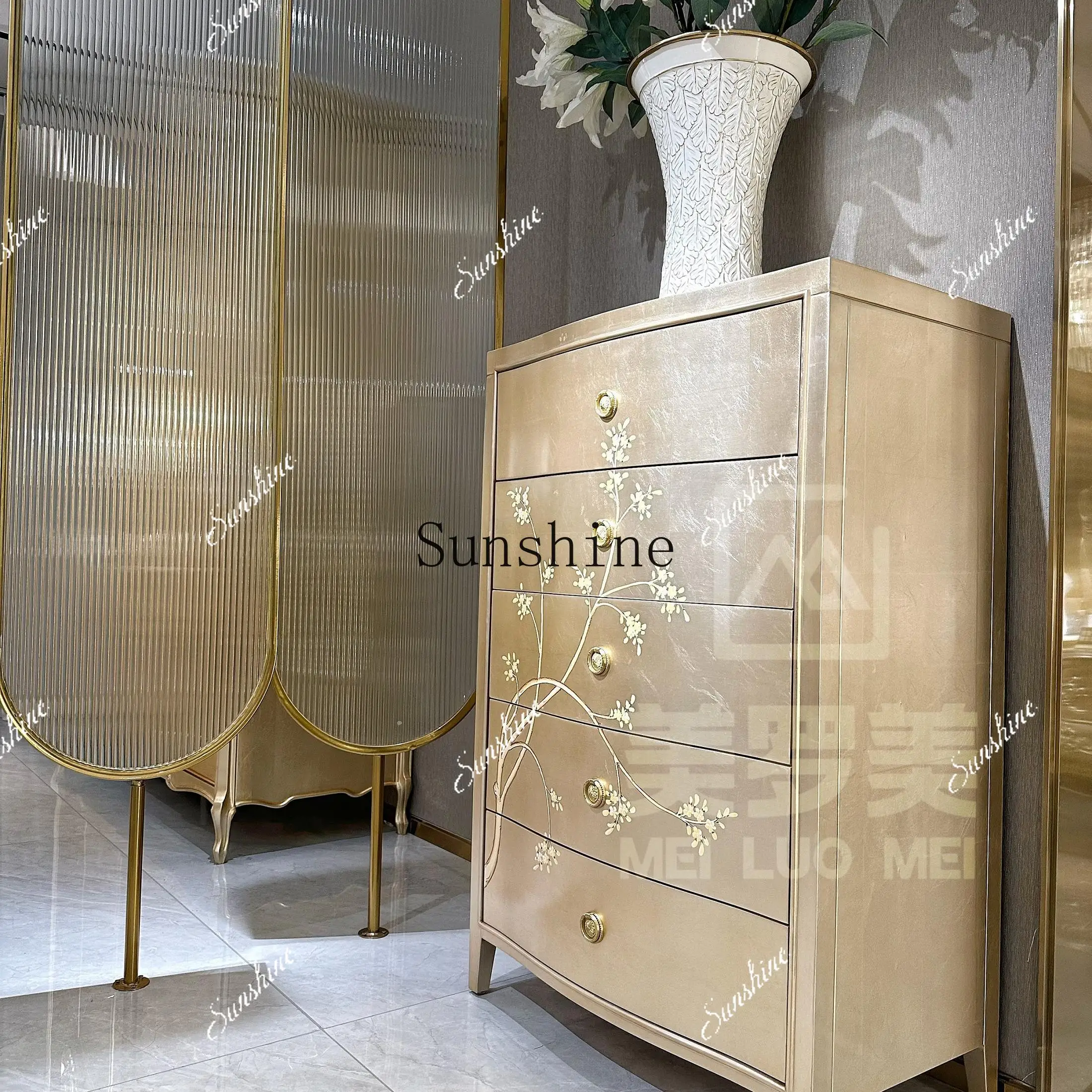 

French light luxury solid wood painted five bucket champagne silver foil bedroom drawer decorative lockerP