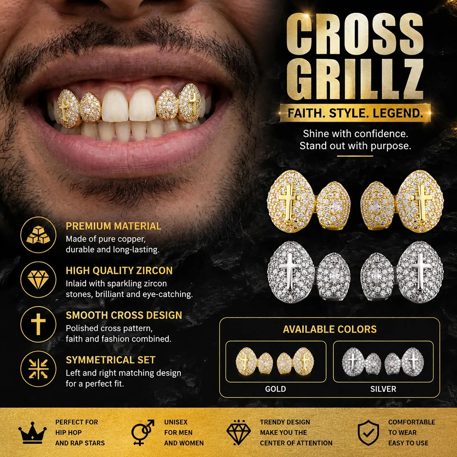 2-teiliges Hip-Hop Doppelzahn-Grillz-Set für Herren, massives Heiliges Kreuz CZ Ober- & Unterzähne Rapper Punk-Stil Glänzendes Weihnachtsgeschenk – Detail 2